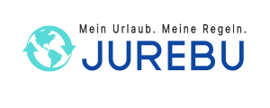 JUREBU Luxusreise‑Logo mit türkisfarbenem Globus und Pfeilen – Mein Urlaub. Meine Regeln.