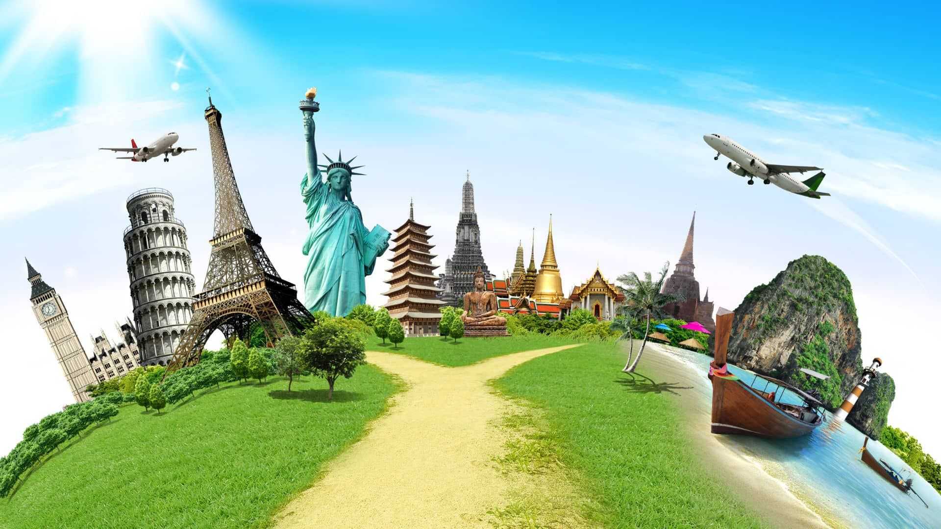 Kreative Weltkarte mit Sehenswürdigkeiten und einer Weggabelung als Symbol für individuelle Reisethemen und Kombireisen